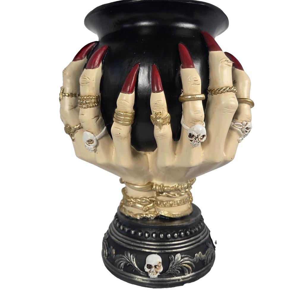 Witch Hands Cauldron Planter Candy Dish Skull Rings Gothic Halloween Decor 10"